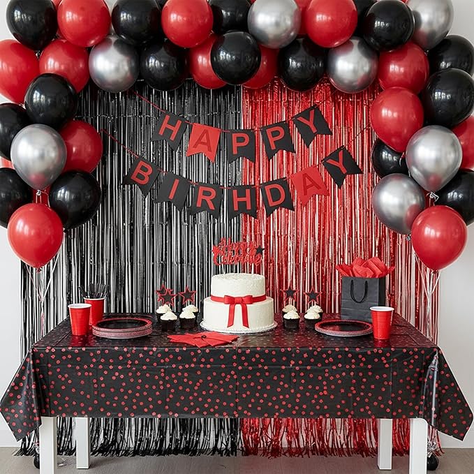 Foil Fringe Curtain Party Decorations - Black Red Metallic Tinsel Backdrop Party Steamers Curtains for Stranger/Boy/Men/Birthday/Prom/Bachelorette/Holidays Parties Decorations