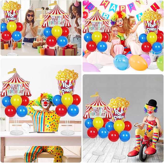 Carnival Circus Birthday Party Balloons Stand Kit 2 Sets with 2 Circus Tent Popcorn Foil Balloons Plim Themed Red Blue Yellow Balloon Centerpiece for Tables for Carnival Birthday Party Decorations