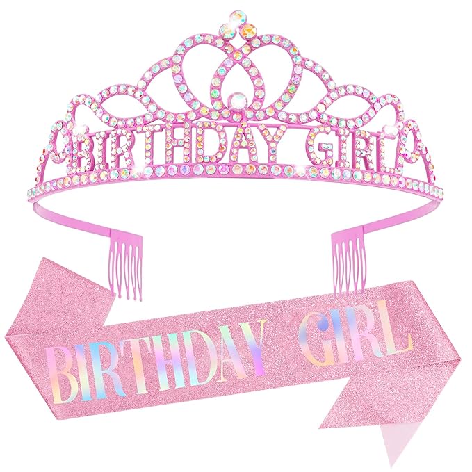 Chanaco Birthday Crown for Women, Birthday Sash and Crowns for Girls, Glitter Tiara and Sashes Kit, Rhinestone Hair Accessories “BIRTHDAY GIRL” Sash for Party Favors