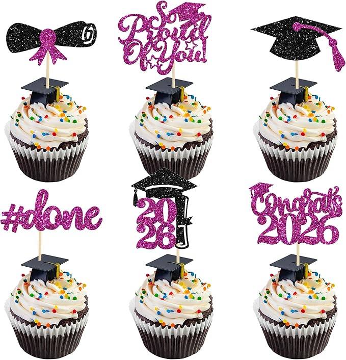 Gyufise 24Pcs Graduation Cupcake Toppers 2026 Purple Glitter Class of 2026 Cupcake Toppers So Proud of You Congrats Grad Cap Diploma Cupcake Picks for Graduation Party Decorations