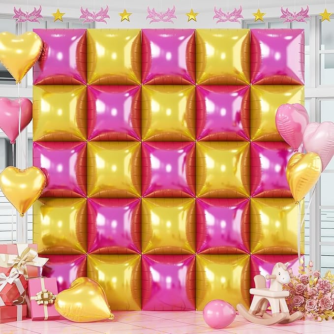 Hot Pink Gold Square Foil Balloons, 25PCS Double Sided Metallic Gold Chrome Pink Square Balloons Backdrop Wall Tunnel Arch Kit Background for Girls Women Birtdays Wedding Baby Shower Valentine
