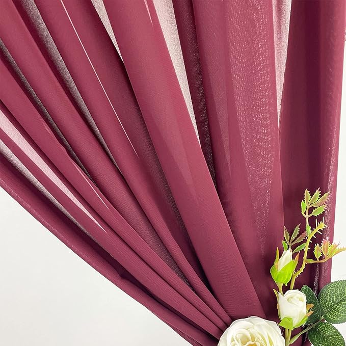 Sheer Chiffon Backdrop Curtains 10ft x 10ft(5ft x 2Panels)， Chiffon Fabric Drapes for Wedding, Long Sheer Curtain for Living Room, Arch Party Stage Decoration(Burgundy, 120 x 120 Inch)