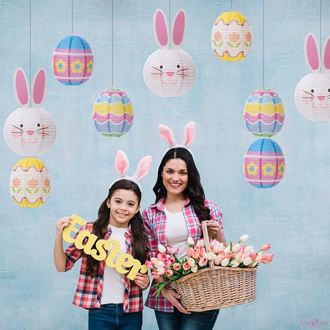 UNIQOOO 9PCS Easter Party Decorations Supplies Eggs Bunny Paper Lanterns Set For Kids, Reuseable 10’’ Pastel Color Hanging Lantern Decor for Home Outdoor Yard Tree Religious Easter Hunt Party Favors