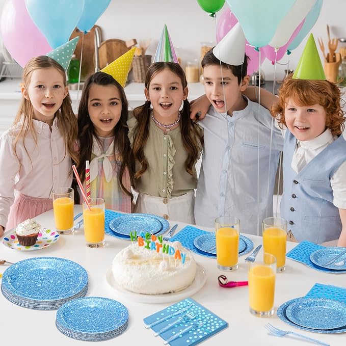 Hushee 175 Pcs Light Blue Holographic Print Party Supplies Guests Disposable Dinnerware Set Include Paper Plates, Napkins, Cups, Plastic Cutlery for Wedding Birthday Disco Bachelorette