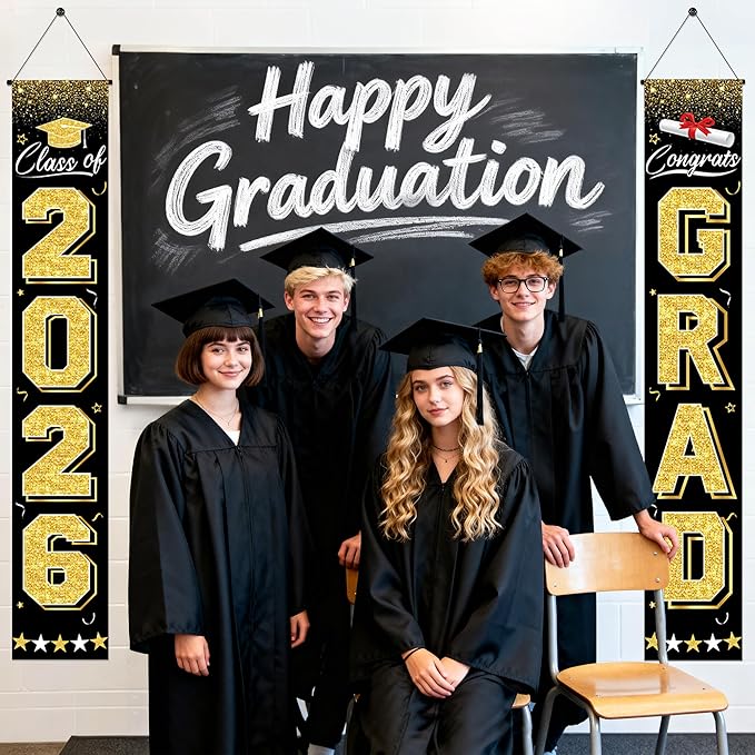 Graduation Decorations 2026 - Black and Gold Graduation Banner Class of 2026 Congrats Grad Party Supplies Decorations Door Banner 2026 for Graduation Decor