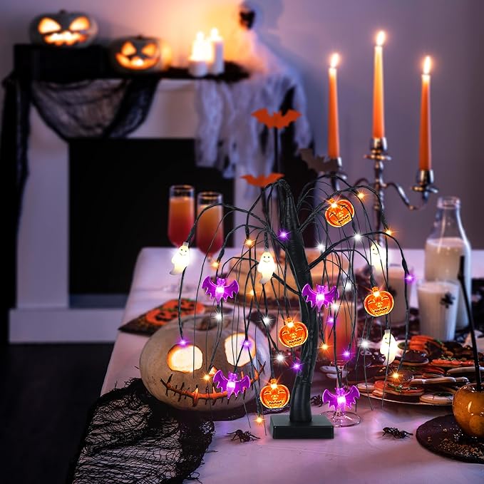 Halloween Table Decorations 18 Inch 36 LED Halloween Willow Tree with Pumpkin Bat Ghost Lights, Timer/USB/Battery Operated Black Halloween Tree Spooky Halloween Decorations Indoor Home Party Room Gift