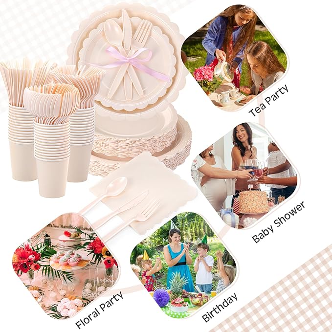 350 Pcs Ivory Plates and Napkins, 50 Guest Cream White Party Supplies Include Scalloped Paper Plates Napkins Cups Plastic Spoons Forks Knives Disposable Tableware Set for Weeding Bridal Shower
