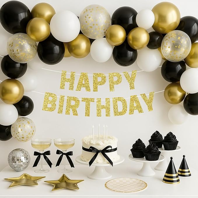 Pre-strung Happy Birthday Banner - No DIY - Glitter Birthday Party Banner for Men & Women - Pre-strung Garland on 8 ft Strands - Bday Party Decorations & Decor. Did We Mention No DIY (Yellow Gold)