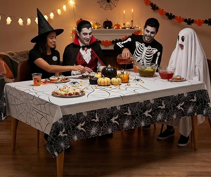 Party Dimensions Halloween Tablecloths, 54" x 96", 12 Pack, Spider Web Black & White Disposable Waterproof Plastic Rectangle Table Cover for Halloween Party Decorations & Haunted House Decor