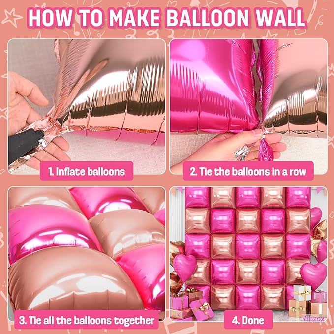 Hot Pink Rose Gold Square Foil Balloons Wall, 25PCS Double Sided Chrome Deep Pink Rose Balloons Tunnel Arch Kit Backdrop for Girls Birthday Party Bridal Shower Wedding Engagements Decorations