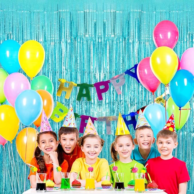 Blue Tinsel Foil Fringe Curtain Backdrop, 3.3 x 8.2 ft Metallic Glitter Curtain Streamers, 2 Pack Light Blue Photoboth for Birthday Mermaid Baby Shower Party Decorations