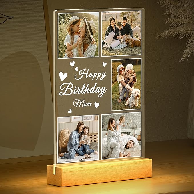 Personalized Birthday Gifts for Mom from Daughter Son, Custom Picture Frames with Photo, Customized Photo Frame with Night Light, Personalized Mothers Day Gifts for Mom Baby Kids Family