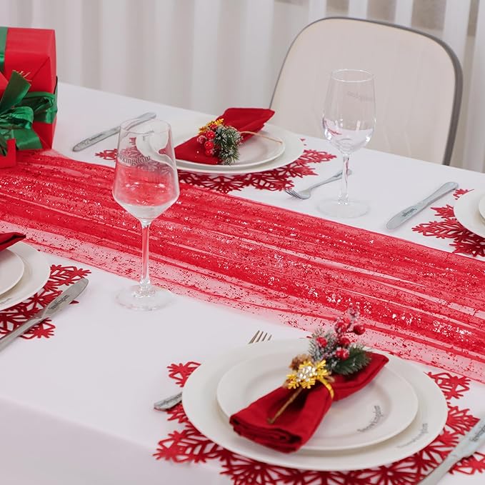 Snowkingdom 6 Pcs Red Glitter Table Runner 10 FT, Sheer Chiffon Sparkle Gauze Cheesecloth Mesh Runners 120 Inch, Red Table Centerpieces Decoration for Birthday Party Wedding Christmas Mothers Day