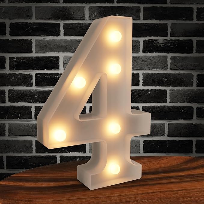 Marquee Numbers Light up Numbers, 0-9 Number Battery Powered LED Light, White Plastic Numbers Sign, Night Light Number Decor for Graduation Engagement Wedding Baby Shower Birthday (Number 4)