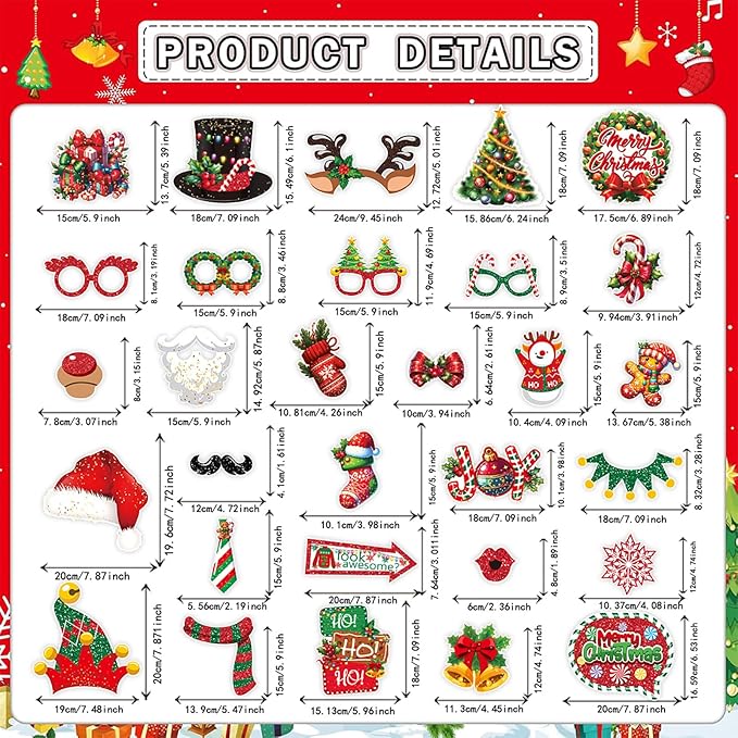 30pcs Christmas Photo Booth Props Funny Christmas Party Decorations Photobooth Favors Games Supplies for Kids Adults