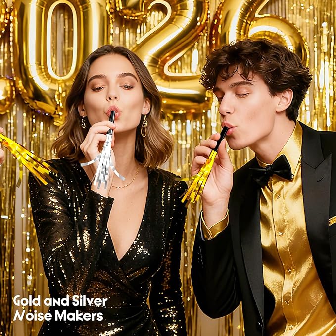 New Years Eve Party Supplies 2026-36 PCS Bulk Noise Makers, 18 Gold & 18 Silver Glitter Party Blowers for Adults, Large Pack New Year Eve Birthday Christmas Noisemakers Horns