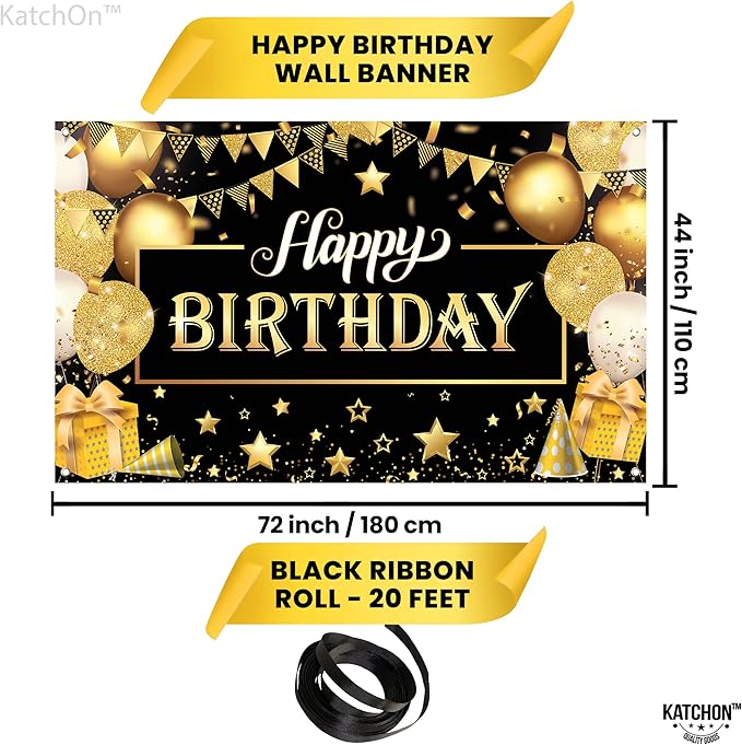 KatchOn, Happy Birthday Banner Black and Gold - Large 72x44 Inch | Happy Birthday Decorations for Men and Women | Black and Gold Birthday Backdrop | Birthday Party Decorations for Men & Women