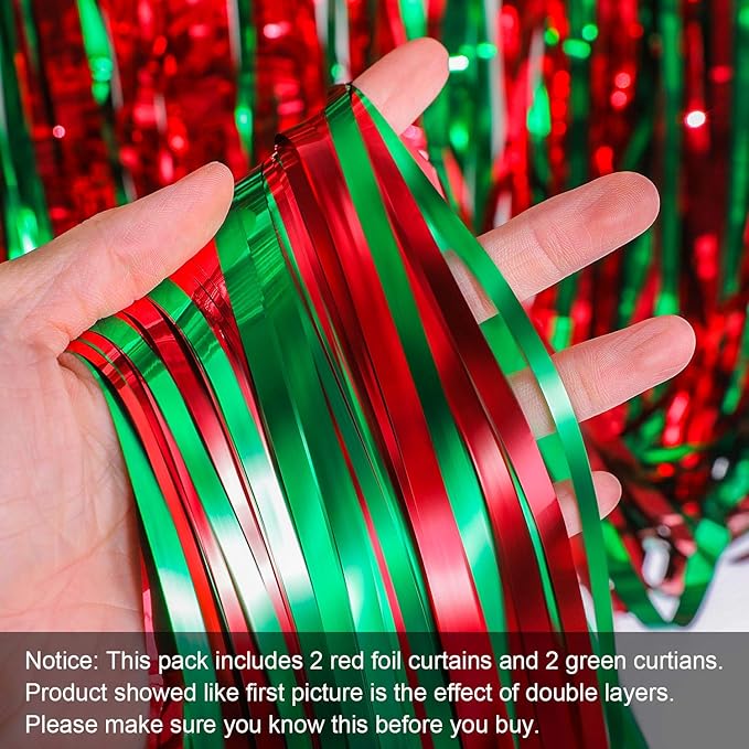 Sumind 4 Pack Foil Curtains Metallic Fringe Shimmer Curtain for Birthday Wedding Party Christmas Decorations (Red and Green)