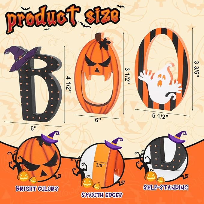 COCHIE BOO Signs Halloween Table Decorations Indoor, Retro Halloween Black Orange Tiered Tray Decor Set of 3, Wooden Happy BOO Day Decoration Sign for Party Home Shelf Display (Ghost)