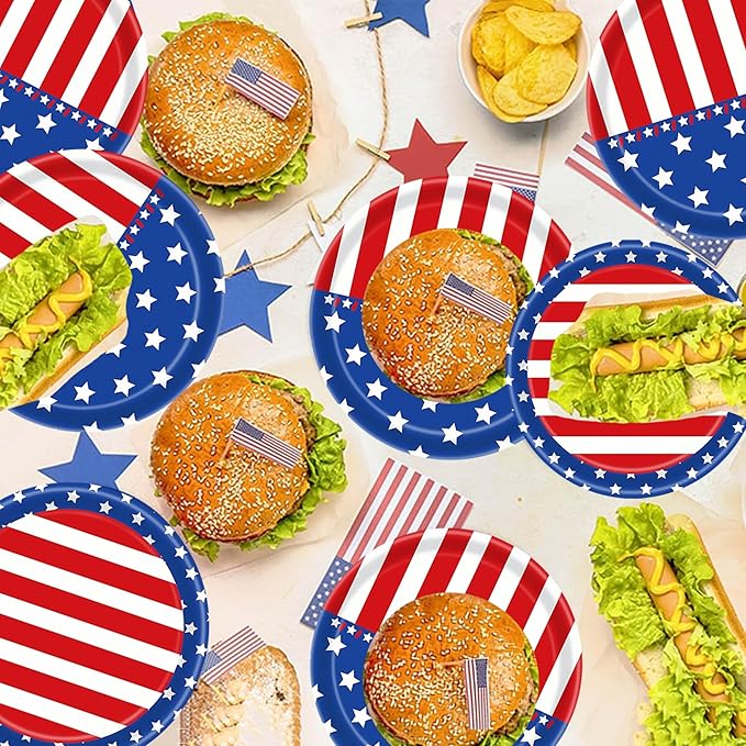 4th of July Party Supplies Set, Patriotic Party Decorations Sets,American Flag Banner Plates and Napkin Tablecloths, 4th of July Decorations Red White and Blue for Memorial ,Serve 25