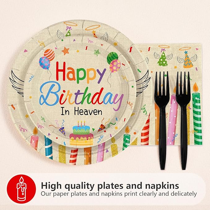 96 Pcs Happy Birthday in Heaven Party Supplies Colorful Happy Birthday Plates and Napkins Disposable Funeral Memorial Tableware Set for Sympathy Grave Cemetery Party Decorations Serves 24