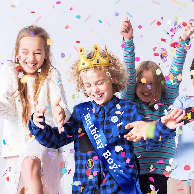 WILLBOND Birthday King Crown, Birthday Sash and Button Pins Party Accessory Set for Boys Kids Party Decorations