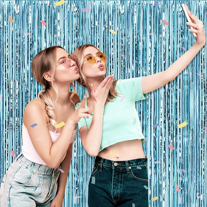 3 Pack Light Blue Foil Fringe Curtain Backdrop, 3.28Ft x 6.6Ft Metallic Tinsel Foil Fringe Streamer Curtains for Photo Booth, Christmas Day, Thanksgiving, Wedding, New Year Party Decorations