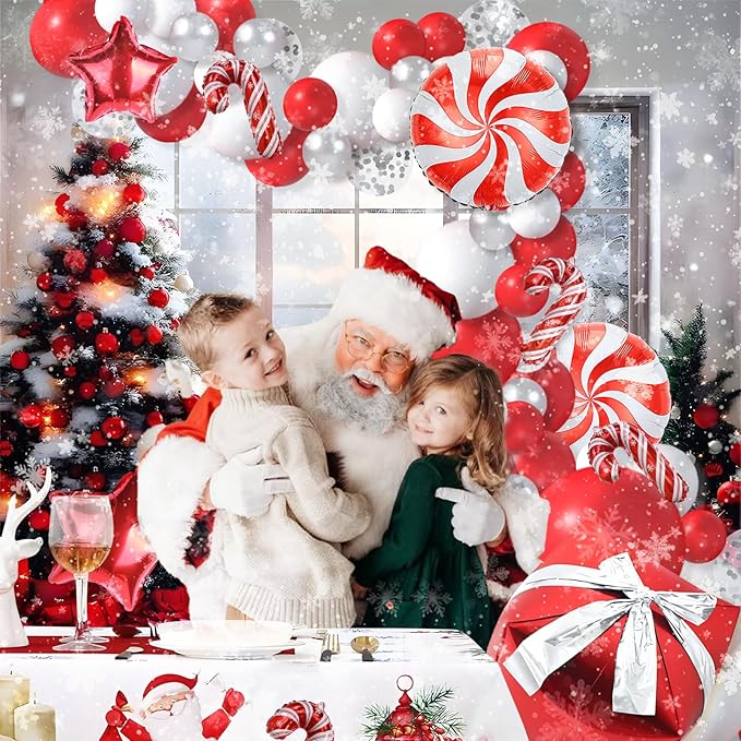 144Pcs Xmas Balloons Arch Kit Christmas Decorations of Candy Cane Red Windmill Stars Gift Box Foil Balloons, Silver Confetti and Red White Balloon Garland Arch for Holiday Xmas Party Decor