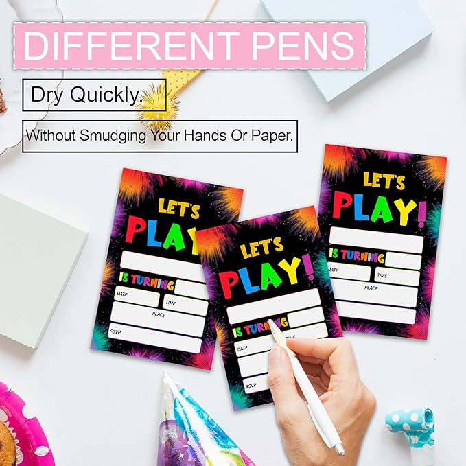 Let's Play Birthday Invitations, Colorful Splatter Design Party Invites for Boys Girls Teen Celebration, 20 Count Double Sided Cards with Envelopes, 4 x 6 Inch