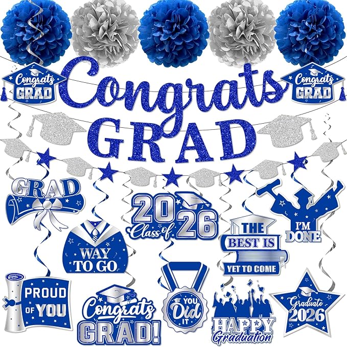 Graduation Decorations 2026, Glitter Congrats Grad Banner Hanging Swirls and Tissue Pom Poms, Silver and Blue Graduation Decorations for Class of 2026 College Graduations Party Decorations
