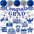 Graduation Decorations 2026, Glitter Congrats Grad Banner Hanging Swirls and Tissue Pom Poms, Silver and Blue Graduation Decorations for Class of 2026 College Graduations Party Decorations