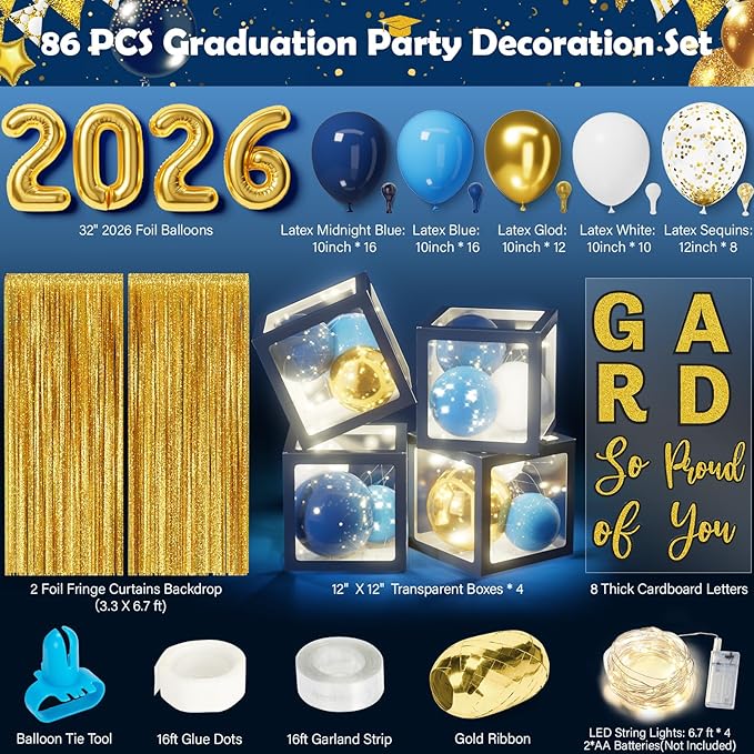 Graduation Party Decorations Class of 2026, 86PCS Blue & Gold Graduation Party Supplies High School College Grad Balloon Boxes with Letter, Foil Curtains, LED String Light, Balloon Garland Kit