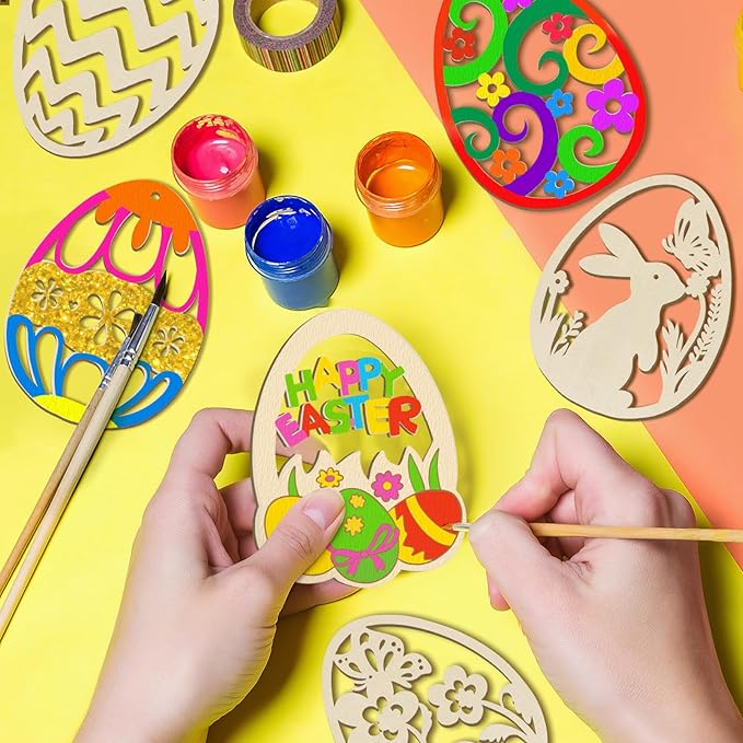36PCS Wooden Easter Ornaments to Paint, 6 Styles DIY Blank Unfinished Wood Egg Cutouts Ornament for Crafts Hanging Decorations Happy Easter Hallow Egg Rabbit Bunny Butterfly Flower Hen