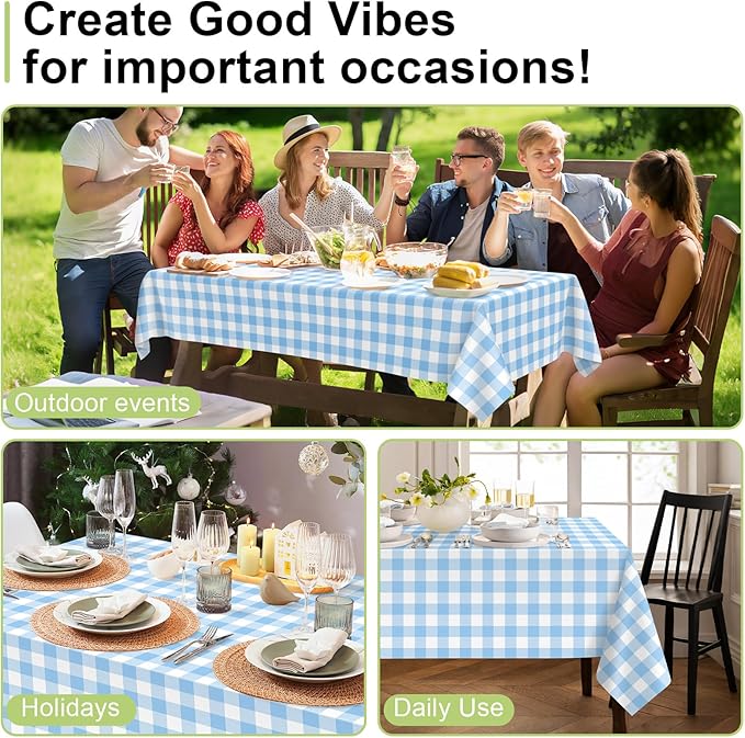 QIKSION Light Blue Gingham Tablecloth Disposable 6 Pack, 54 x 108 Inch Blue and White Checkered Table Cloth for Baby Shower, Easter Decorations, Birthday Party, Rectangle, Plastic Table Cover
