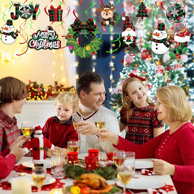 Sumind 30 Pcs Christmas Swirl Ceiling Hanging Decorations Set Xmas Holiday Snowman Elk Sign Hanging Foil Christmas Indoor Decorations for Ceiling Xmas Holiday Party Decor(Red, Green)