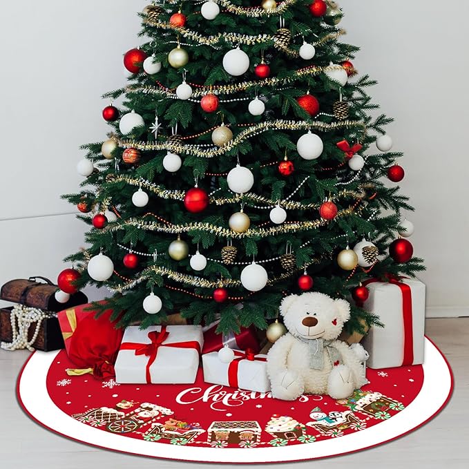 48 Inch Christmas Tree Skirt Double Layer Large Snowflake Xmas Tree Mat Decor for Winter Holiday Party Indoor Outdoor Christmas Decorations(Red,Train)