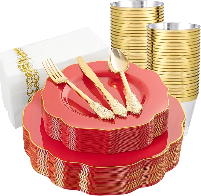 NOCCUR 175PCS Red Plastic Plates with Gold Disposable Silverware - Include 50 Red Gold Plastic Plates,25 Knives,25 Forks,25 Spoons,25 Cups and 25 Napkins - Ideal for Party/Valentines & Galentines Day
