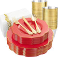 NOCCUR 175PCS Red Plastic Plates with Gold Disposable Silverware - Include 50 Red Gold Plastic Plates,25 Knives,25 Forks,25 Spoons,25 Cups and 25 Napkins - Ideal for Party/Valentines & Galentines Day