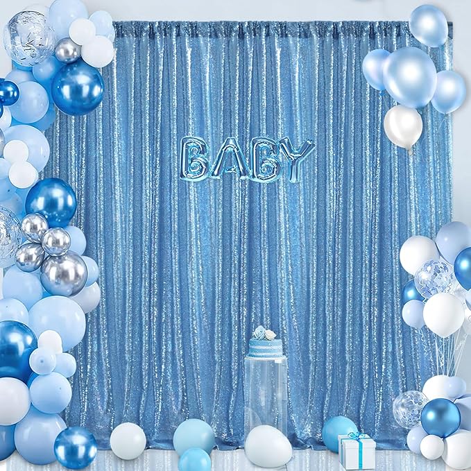 B-COOL Party Sequin Curtain Backdrop: 6 Panels 2ftx8ft Curtain Drapes Glitter Background for Bridal Shower Baby Shower Christmas Parties Decorations Baby Blue