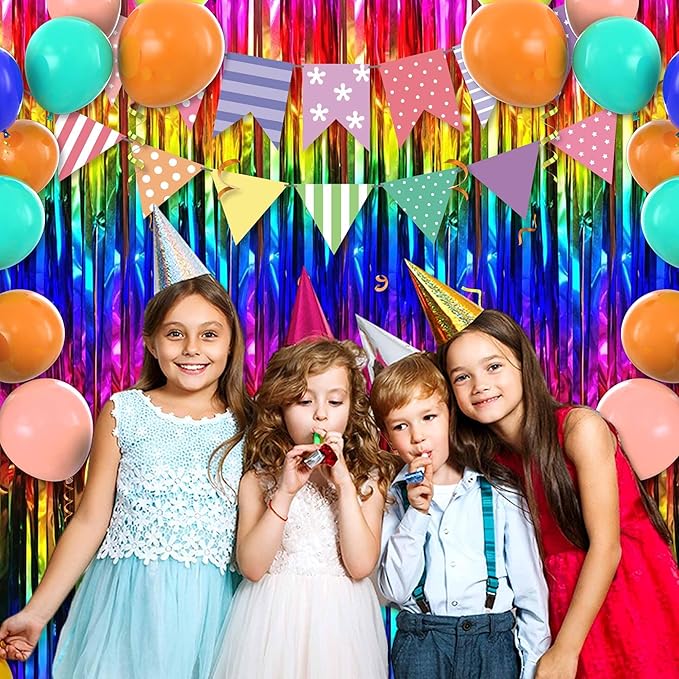 6 Pack Rainbow Foil Fringe Curtains Backdrop, 3.28 x 9.8 Ft Metallic Streamers Tinsel Curtains Background for Photo Booth, Birthday, Halloween, Christmas, Thanksgiving, New Year Party Decorations
