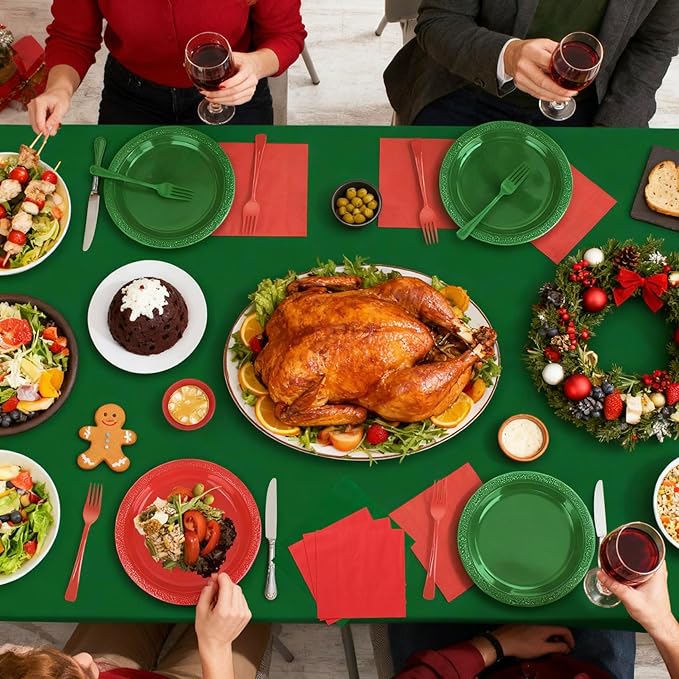 Red and Green Plastic Plates for Party,Disposable Tableware Kit with 50 9'' Plates,50 7'' Dessert Plates,50 Napkins,50 Forks,50 Cups & 2 Tablecloths for Birthday,Picnic,Christmas