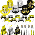 40PCS New Years Eve Party Supplies for 20 Guests, New Years Party Hats Headbands Blowouts Gold Black New Years Accessories, Tiaras Top Hat Friged NYE Noise Makers Cone Hat Horns for New Years Party