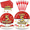 Grencian 96Pcs 5th Cartoon Happy Birthday Party Supplies Red and White Paper Plates and Napkins Tableware Sets Large Anime Themed Decoration for Birthday Cartoon Kids Children Party Serves 24