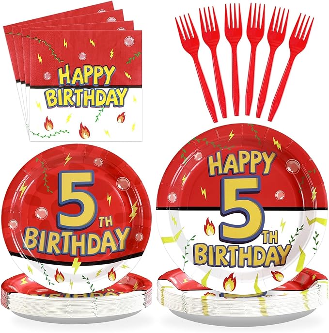 Grencian 96Pcs 5th Cartoon Happy Birthday Party Supplies Red and White Paper Plates and Napkins Tableware Sets Large Anime Themed Decoration for Birthday Cartoon Kids Children Party Serves 24