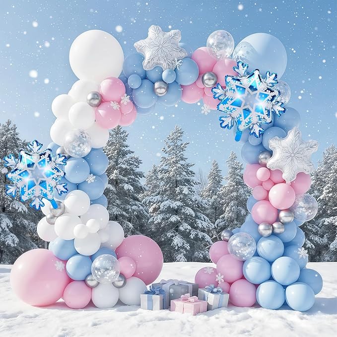 Winter Wonderland Balloon Arch Garland Kit, Light Pink Baby Blue White Balloon with Snowflake Foil Balloons for Christmas Ice Wonderland Snow Baby Shower Gender Reveal Birthday Party Decorations