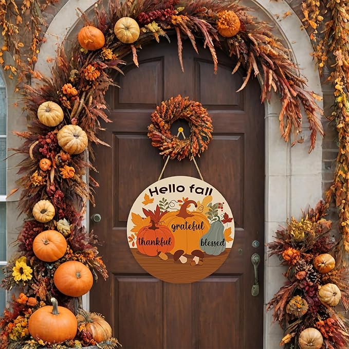Thanksgiving Decorations - Welcome Sign for Front Door,Rustic Round Wood Wreaths for Outdoor,Maple Leaves Garland Porch Decor for Thanksgiving Friendsgiving - Fall Decor for Room Kitchen Wall