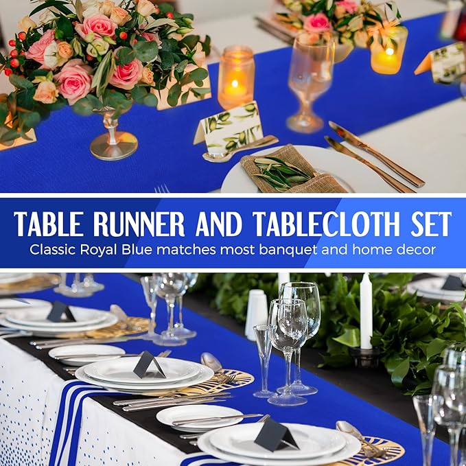 Breling 8 Pack Royal Blue Disposable Plastic Tablecloths and Satin Table Runner Set, 54 x 108 Inch Tablecloth, 12 x 108 Inch Table Runners for Wedding Graduation Birthday Baby Shower New Year