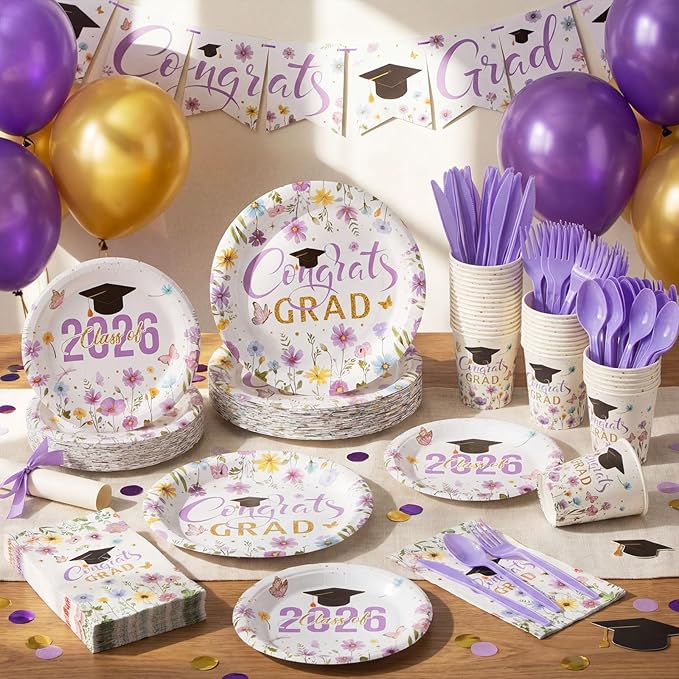 400 Pcs Class of 2026 Purple Floral Graduation Decoration for 50 Guests, Purple Gold Flower Graduation Paper Plates Napkins Cups Cutlery Grad Tableware for 2026 Congrats Grad Party Supply