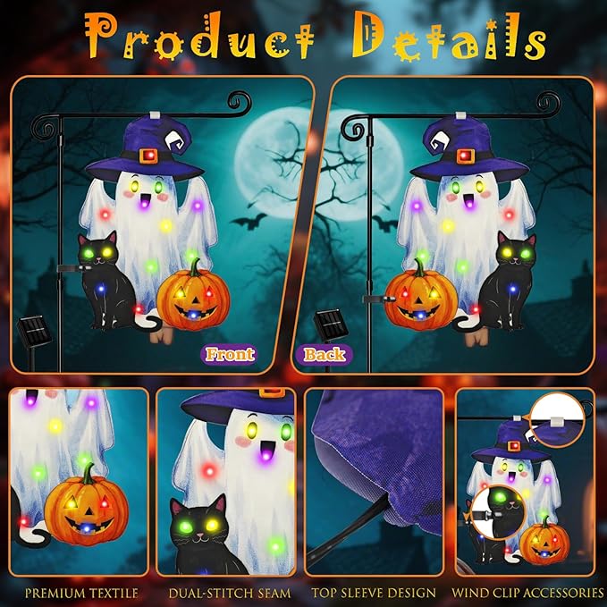 Lighted Shaped Halloween Garden Flags, 8 Modes Double-Sided Cute Solar Halloween Decorations Outdoor LED Flag, Yard Decorations for Patio Lawn Home Door Porch (Ghost Multicolor, 12x18)