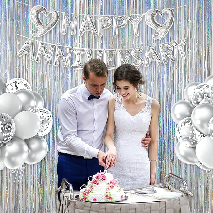 Melsan Silver Tinsel Backdrop Curtain, 3.2 ft x 8 ft Silver Foil Fringe Curtains, Sparkle Metallic Streamers for Disco Bachelorette Birthday Party Decorations, 2 Pack
